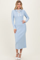 Light Blue Ribbed Knit Tie Neck Sweater Dress