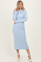 Light Blue Ribbed Knit Tie Neck Sweater Dress
