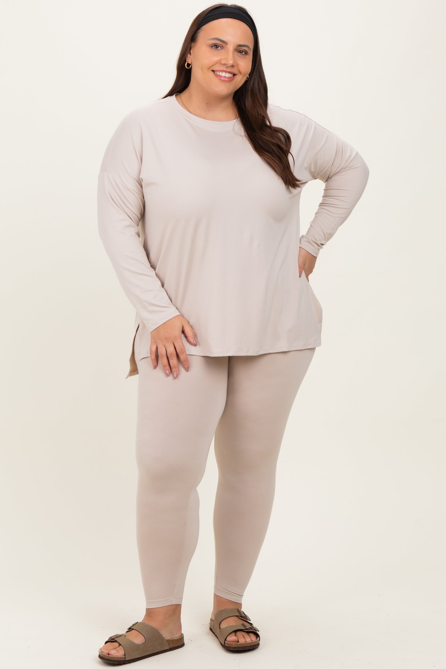 Cream Brushed Knit Oversized Top and Legging Plus Set