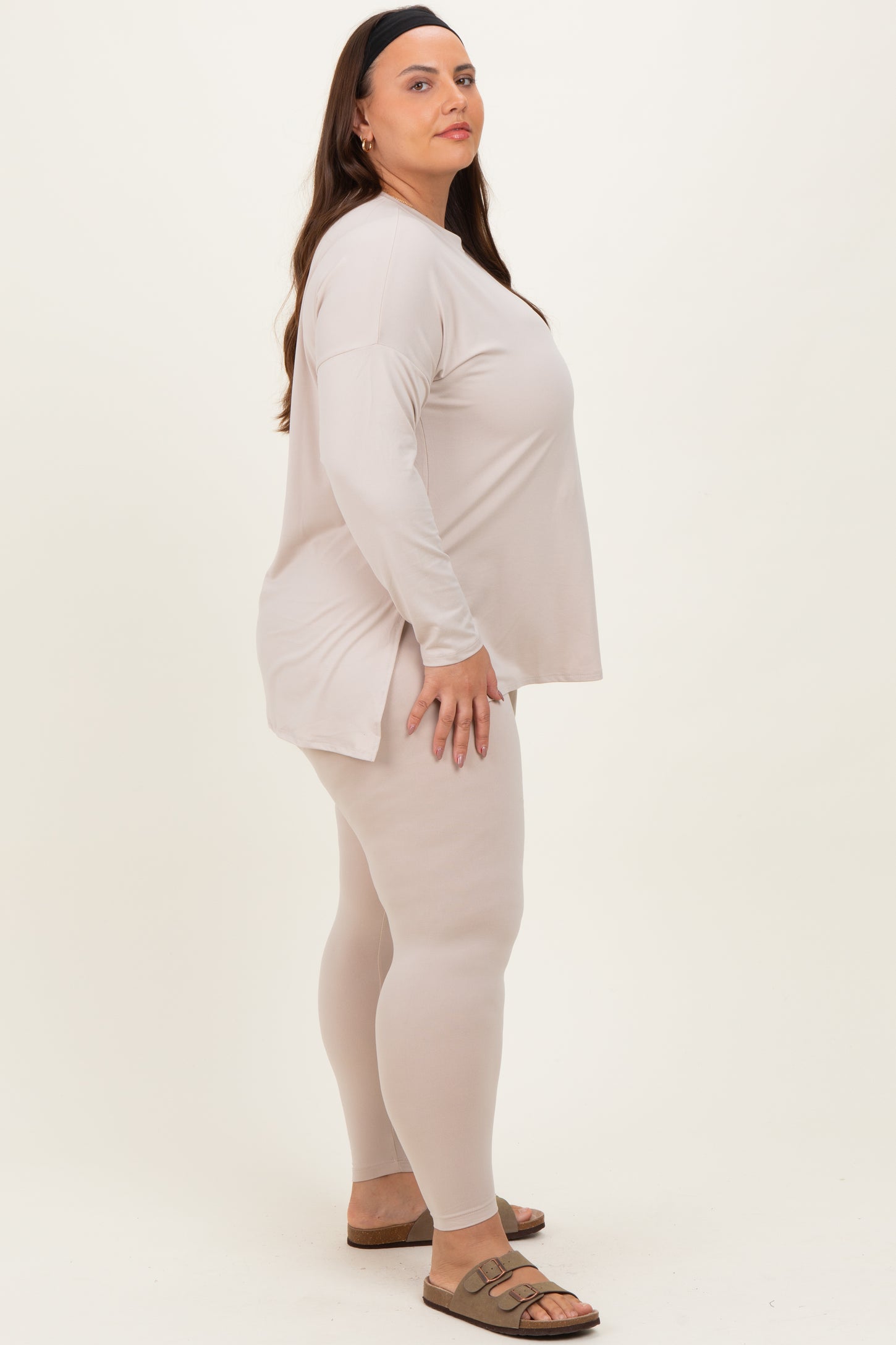 Cream Brushed Knit Oversized Top and Legging Plus Set