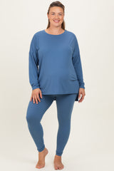 Blue Brushed Knit Oversized Top and Legging Maternity Plus Set