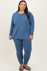 Blue Brushed Knit Oversized Top and Legging Maternity Plus Set