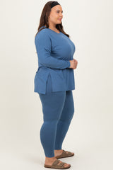 Blue Brushed Knit Oversized Top and Legging Plus Set