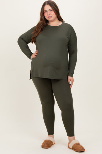 Olive Brushed Knit Oversized Top and Legging Maternity Plus Set