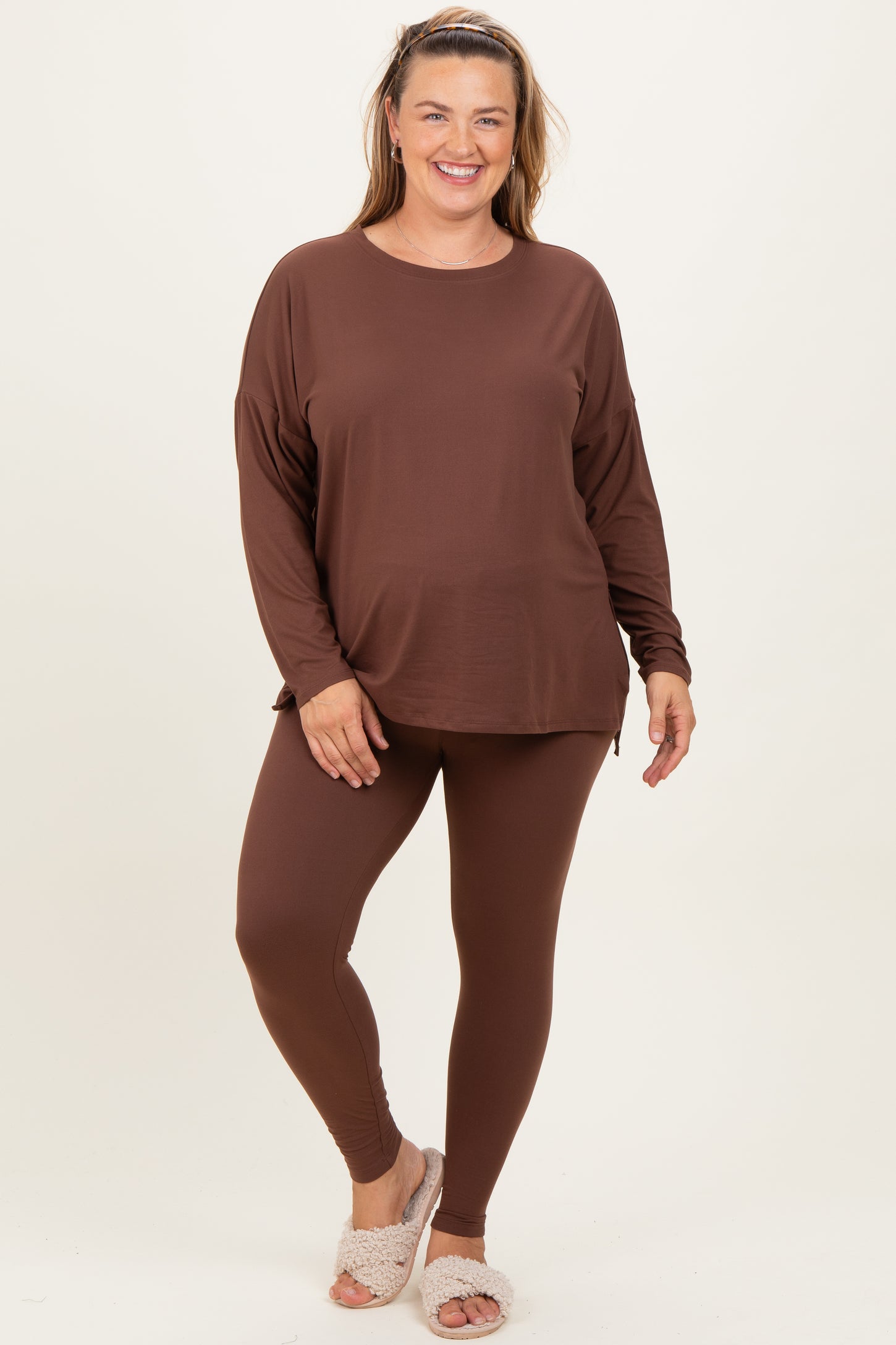 Brown Brushed Knit Oversized Top and Legging Maternity Plus Set