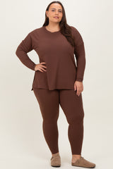 Brown Brushed Knit Oversized Top and Legging Plus Set