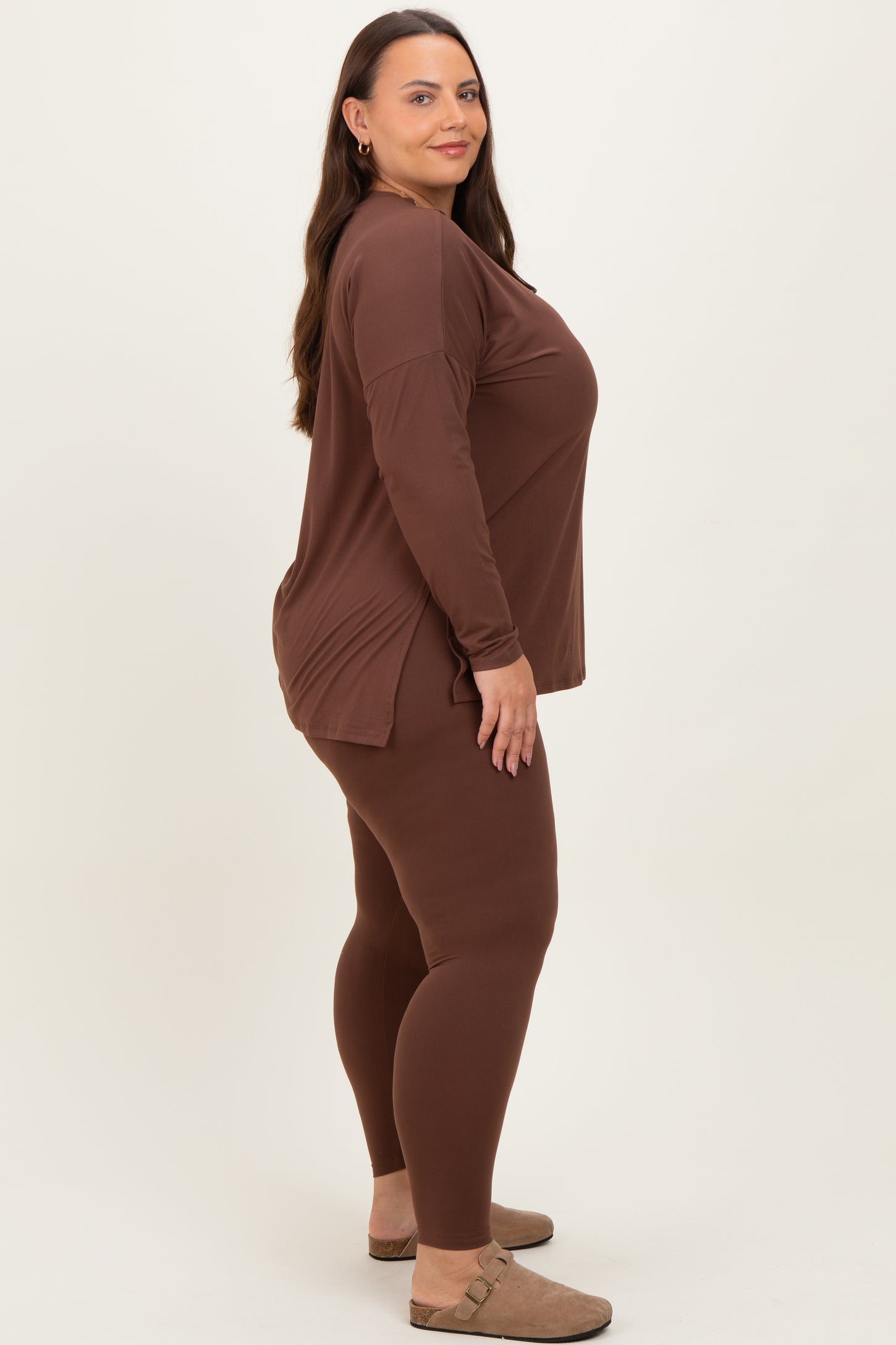 Brown Brushed Knit Oversized Top and Legging Plus Set