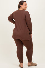 Brown Brushed Knit Oversized Top and Legging Plus Set