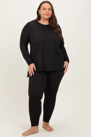 Black Brushed Knit Oversized Top and Legging Plus Set