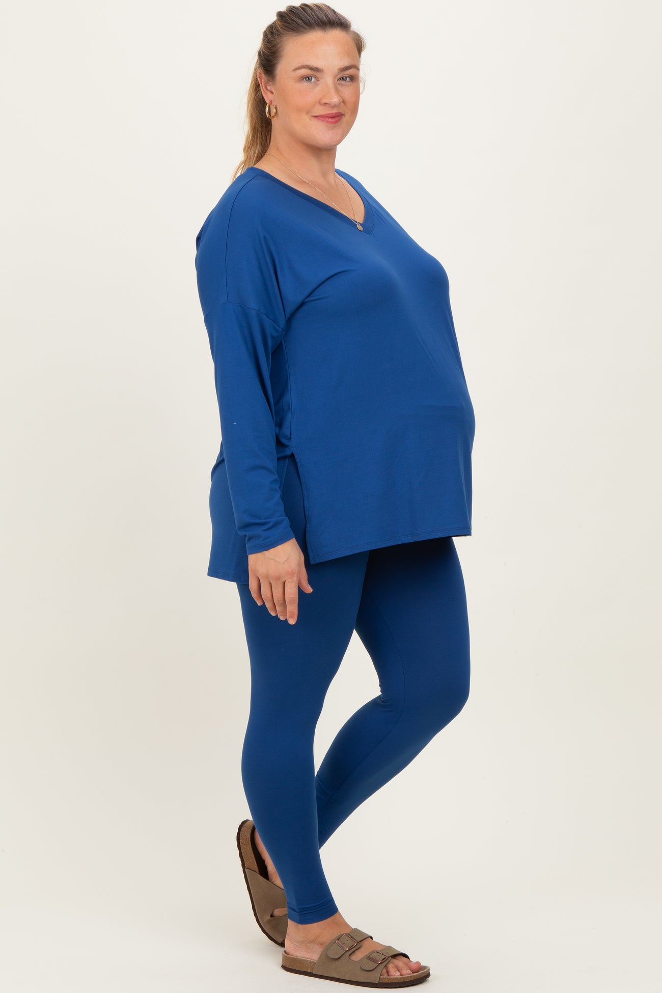 Navy Brushed Knit Oversized Top and Legging Maternity Plus Set