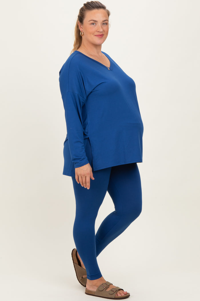 Navy Brushed Knit Oversized Top and Legging Maternity Plus Set