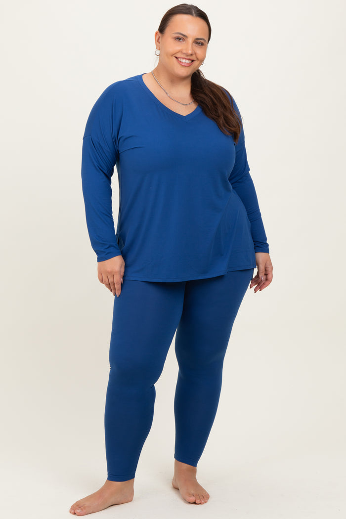 Navy Brushed Knit Oversized Top and Legging Maternity Plus Set