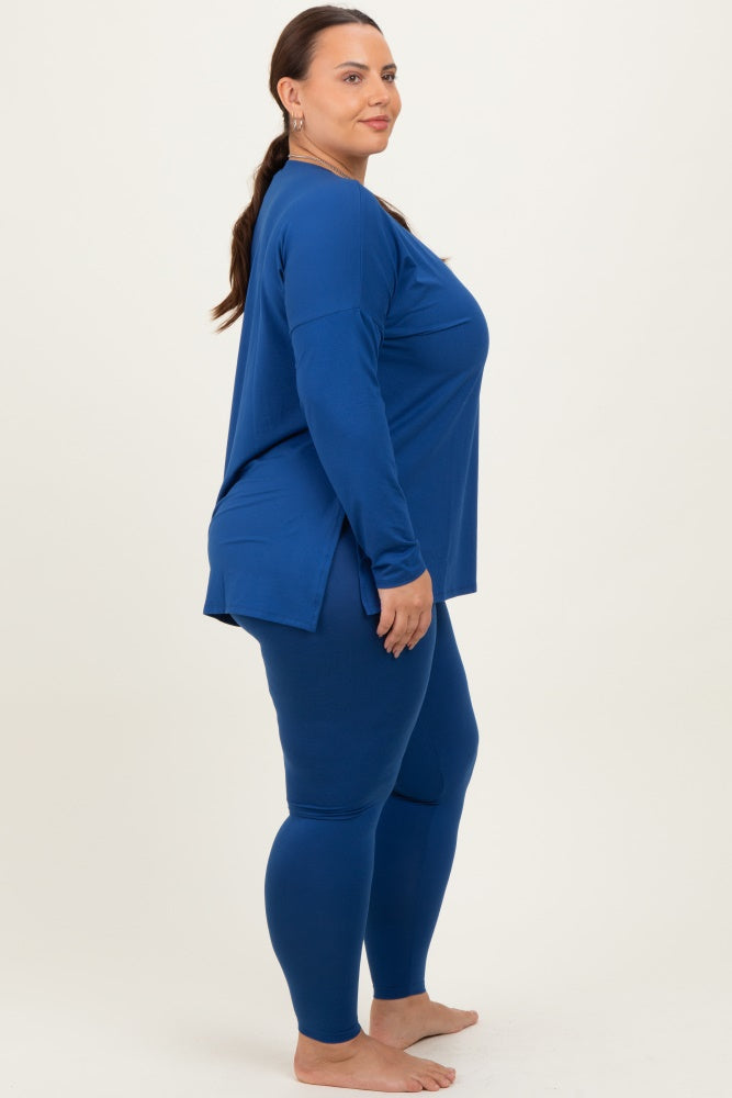 Navy Brushed Knit Oversized Top and Legging Plus Set