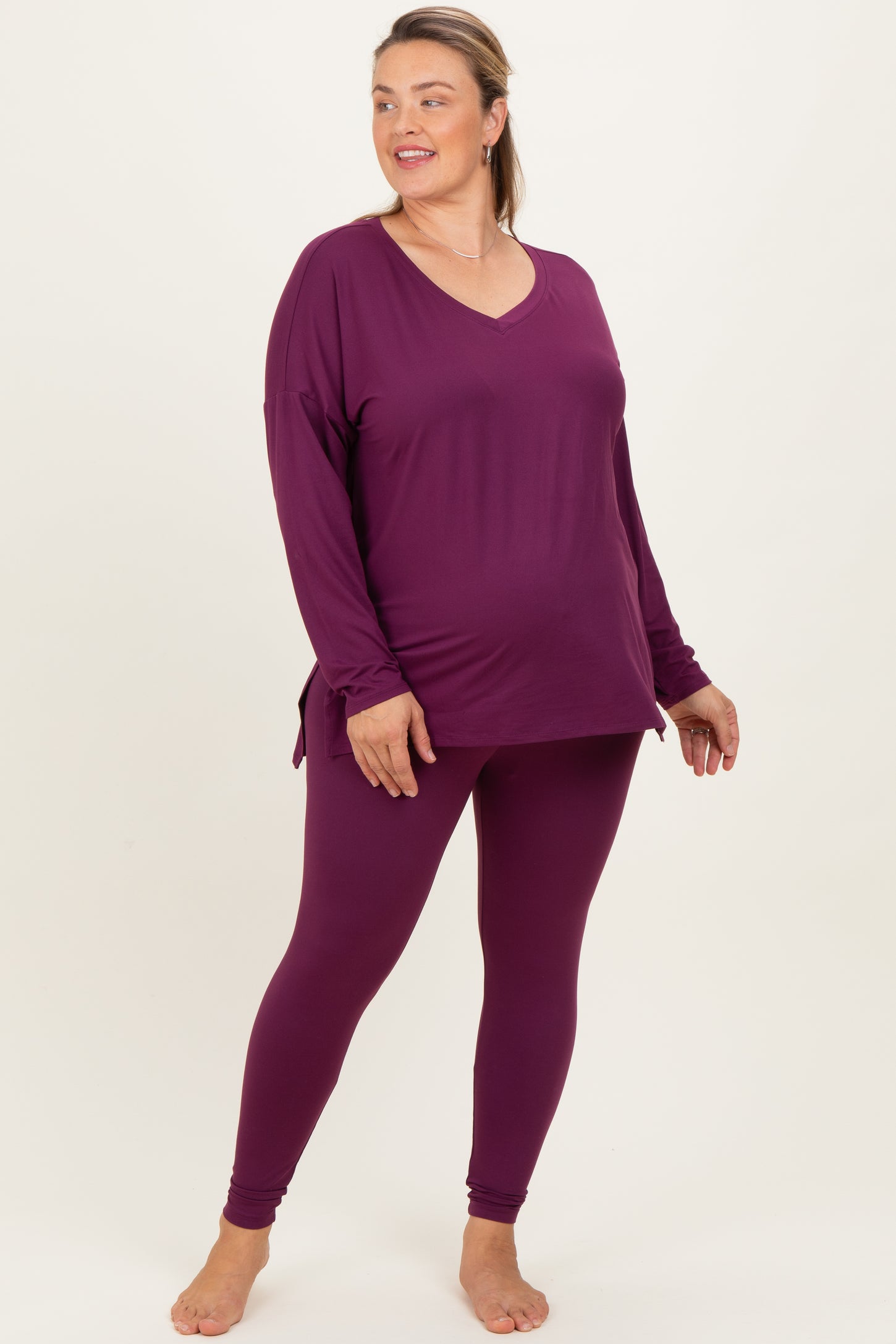 Plum Brushed Knit Oversized Top and Legging Maternity Plus Set