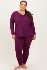 Plum Brushed Knit Oversized Top and Legging Plus Set