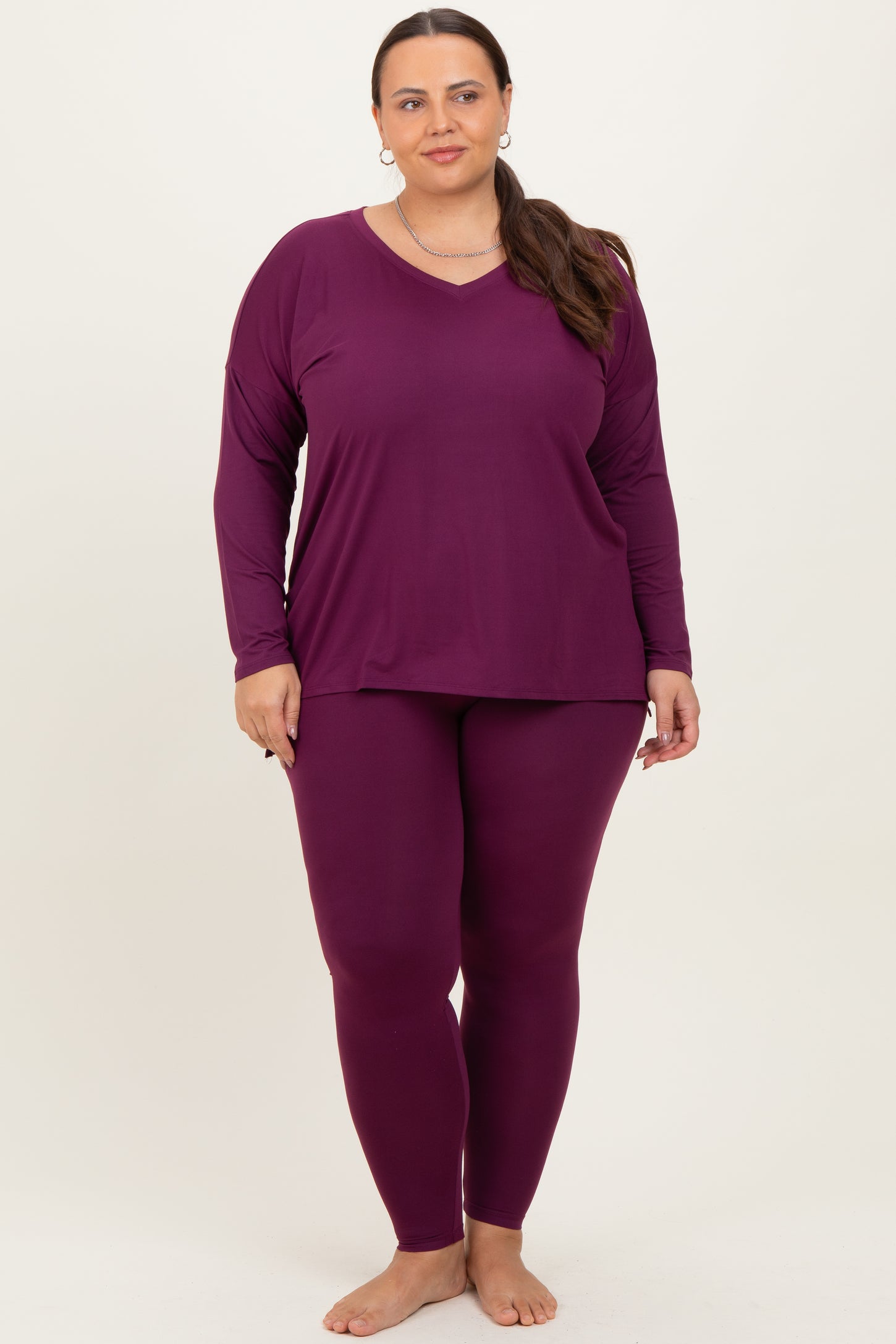 Plum Brushed Knit Oversized Top and Legging Plus Set