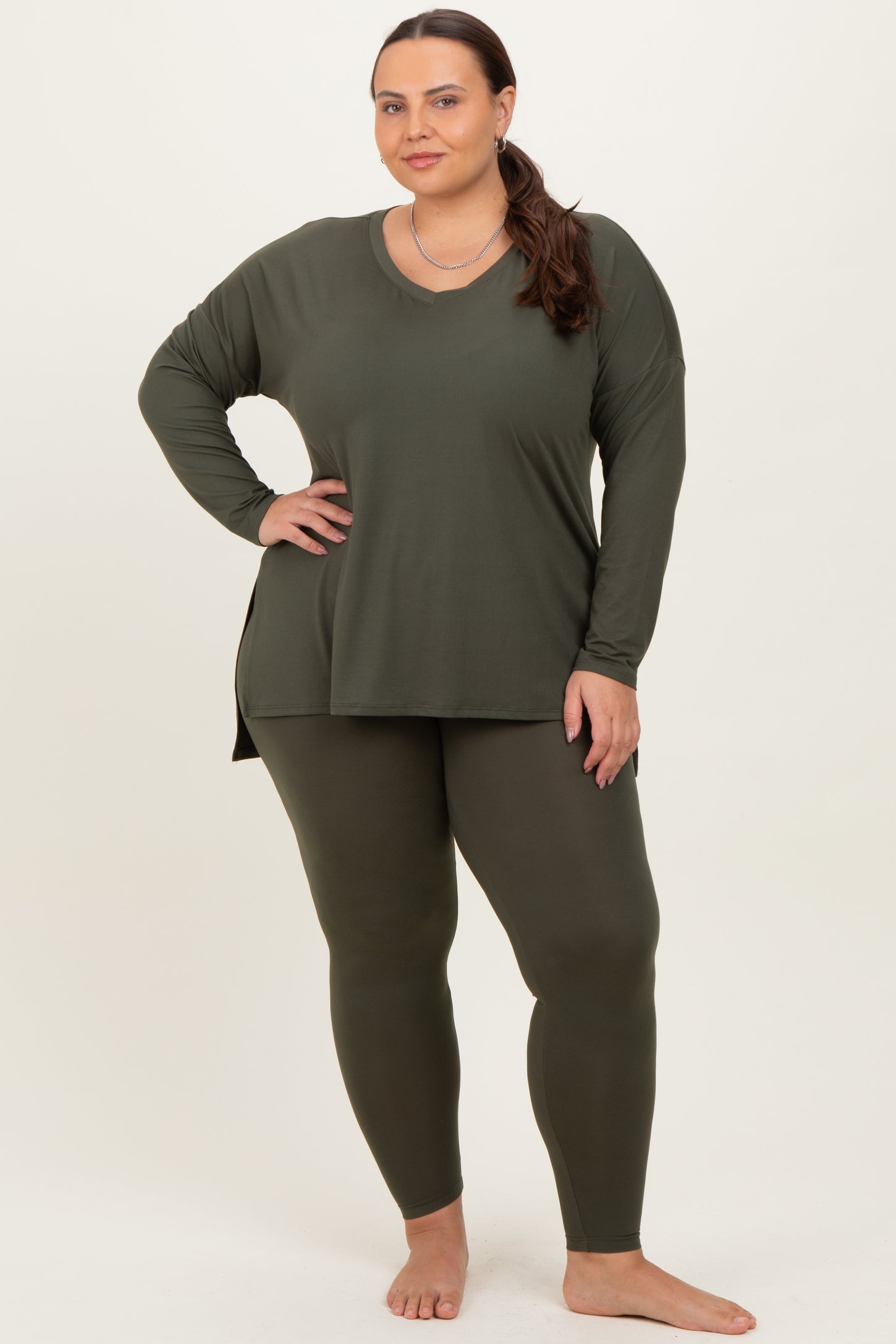 Olive Brushed Knit Oversized Top and Legging Maternity Plus Set