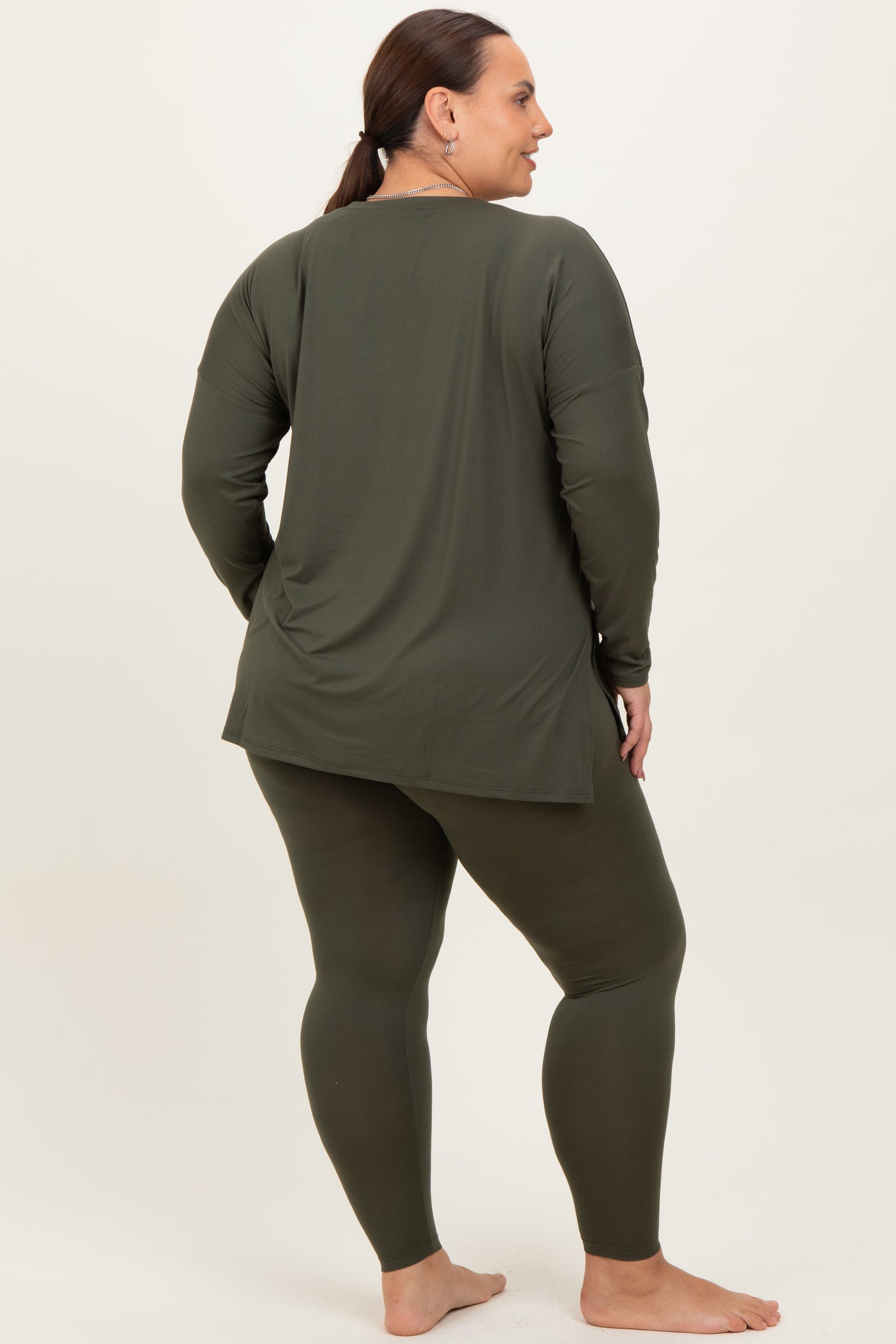 Olive Brushed Knit Oversized Top and Legging Plus Set