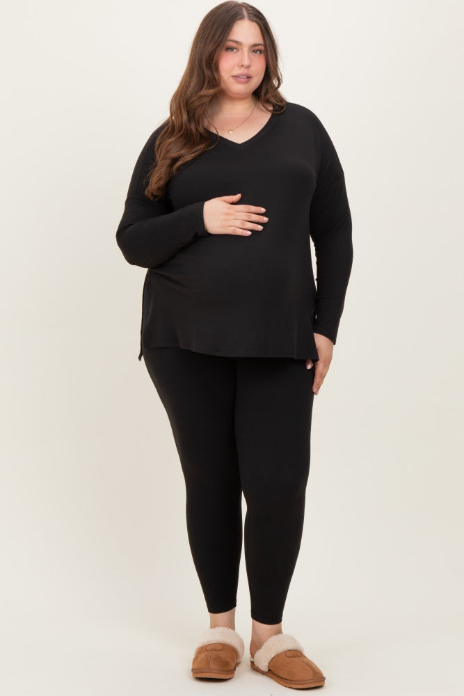 Black Brushed Knit Oversized Top and Legging Maternity Plus Set