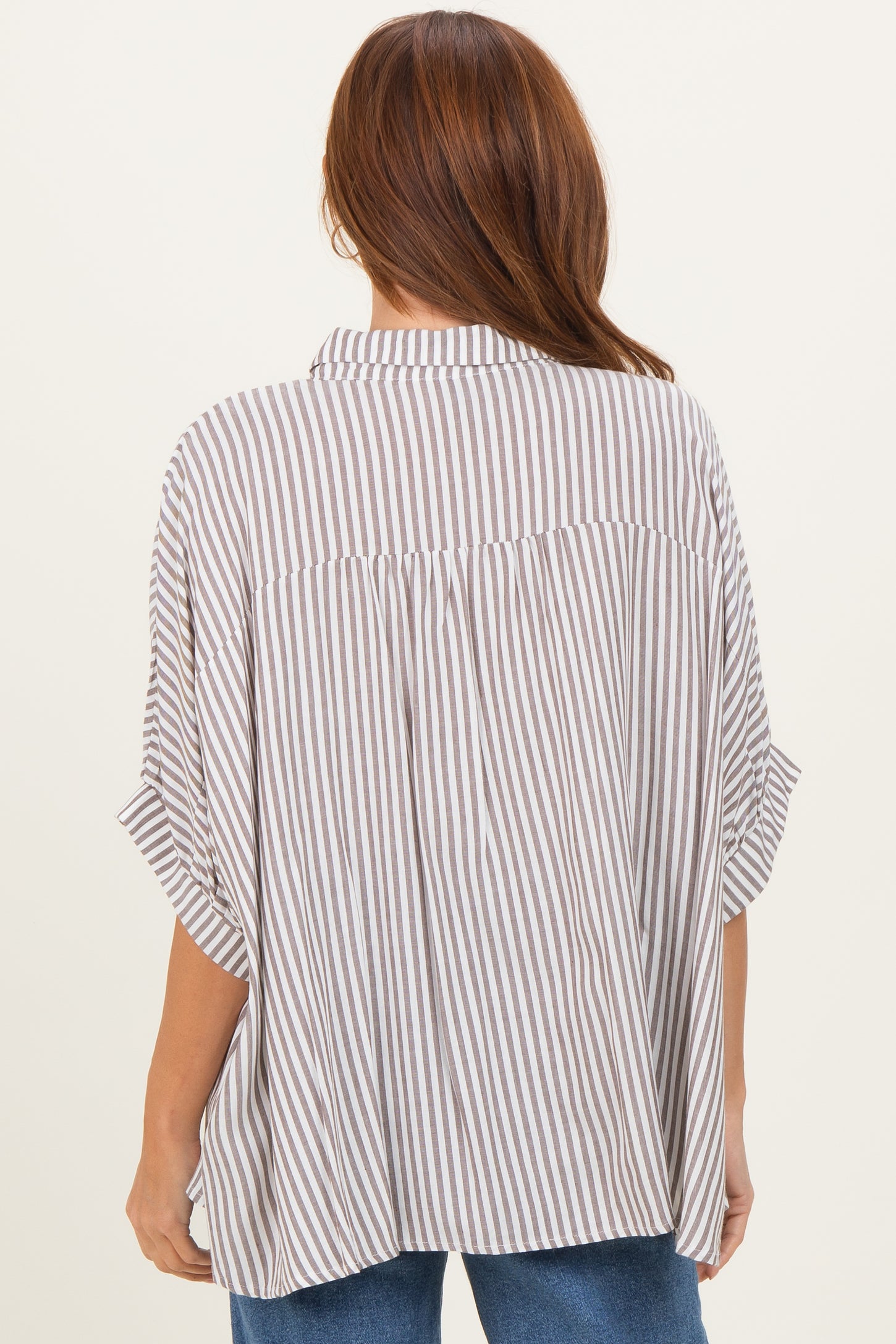 Brown Striped Button Up Dolman Top