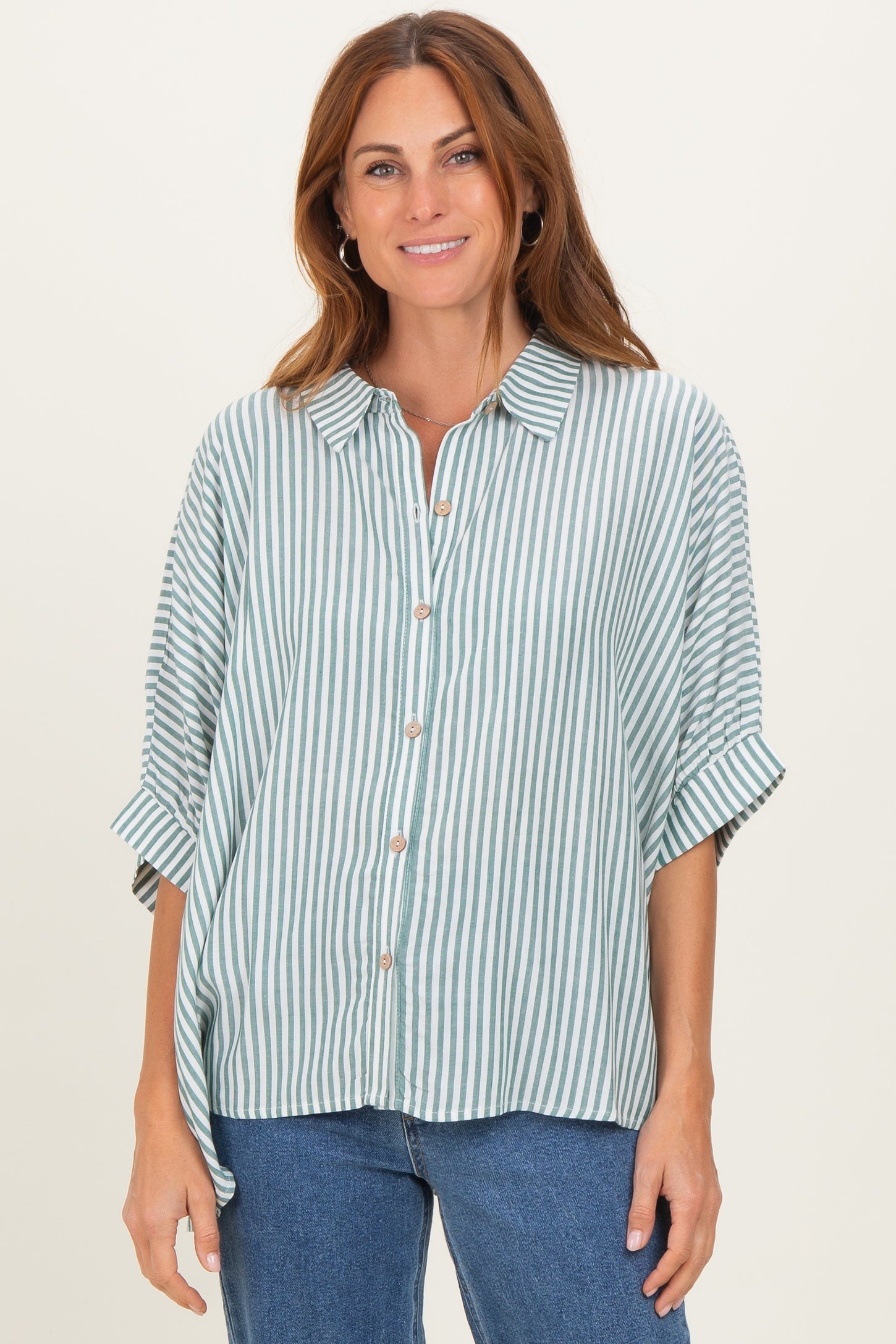 Forest Green Striped Button Up Dolman Top