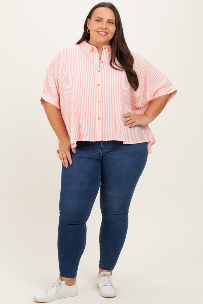 Coral Striped Button Up Short Dolman Sleeve Plus Top