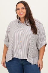 Brown Striped Button Up Short Dolman Sleeve Plus Top