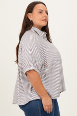 Brown Striped Button Up Short Dolman Sleeve Plus Top