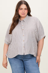 Brown Striped Button Up Short Dolman Sleeve Maternity Plus Top