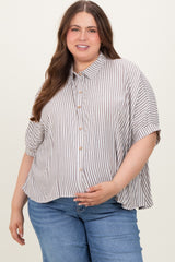 Brown Striped Button Up Short Dolman Sleeve Maternity Plus Top