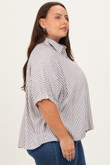 Brown Striped Button Up Short Dolman Sleeve Plus Top