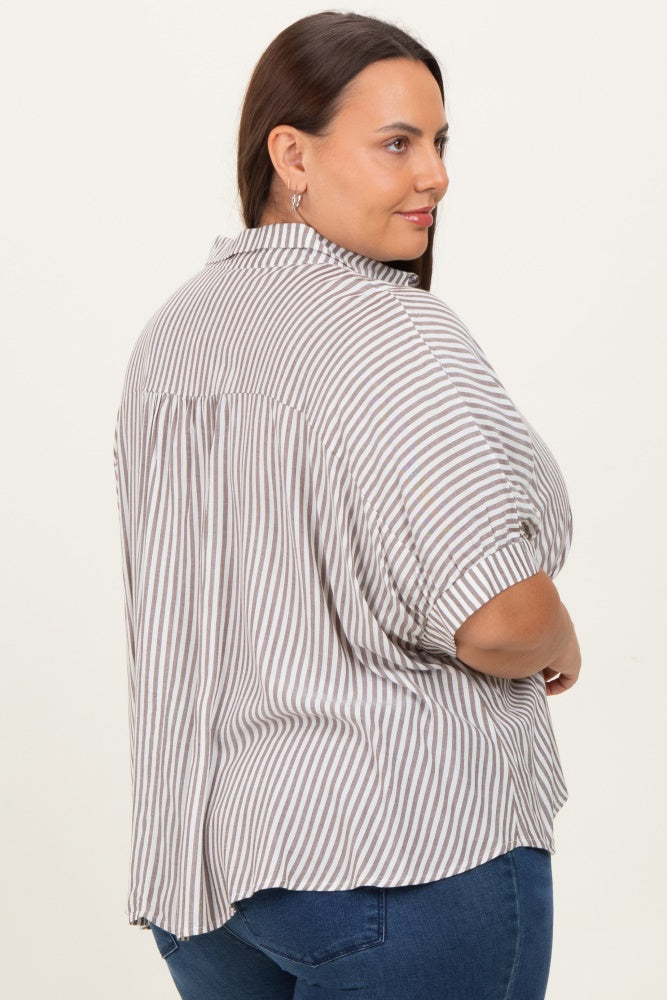 Brown Striped Button Up Short Dolman Sleeve Plus Top