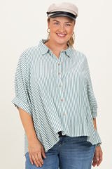 Forest Green Striped Button Up Short Dolman Sleeve Maternity Plus Top