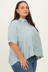 Forest Green Striped Button Up Short Dolman Sleeve Plus Top