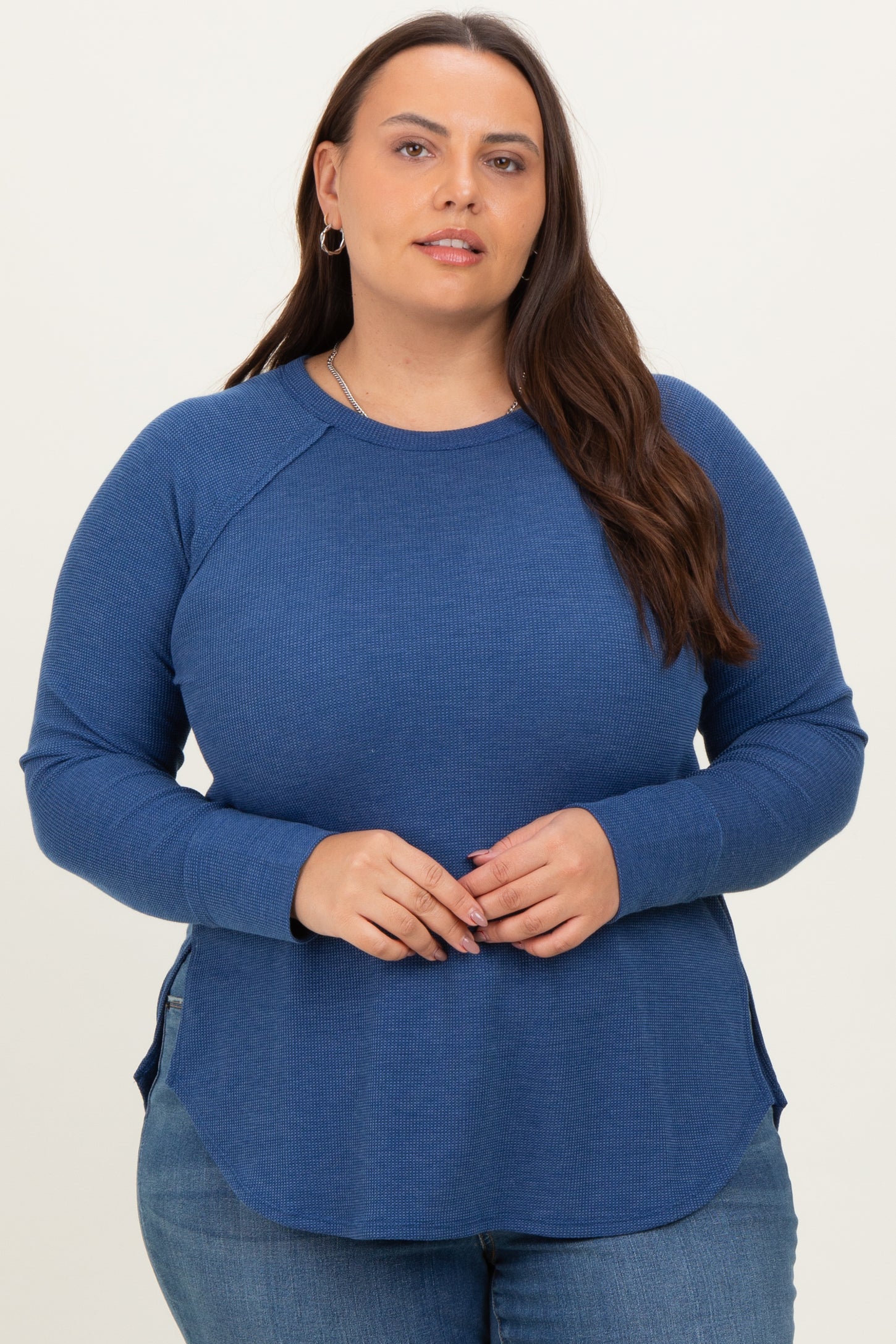 Navy Baby Waffle Knit Long Sleeve Plus Top