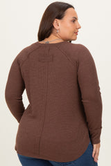 Brown Baby Waffle Knit Long Sleeve Plus Top