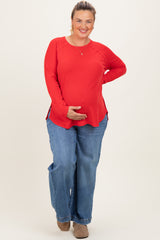 Red Baby Waffle Knit Long Sleeve Maternity Plus Top