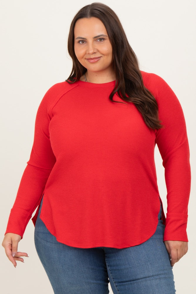 Red Baby Waffle Knit Long Sleeve Plus Top