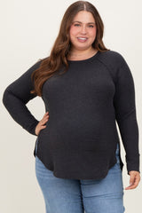 Charcoal Baby Waffle Knit Long Sleeve Maternity Plus Top