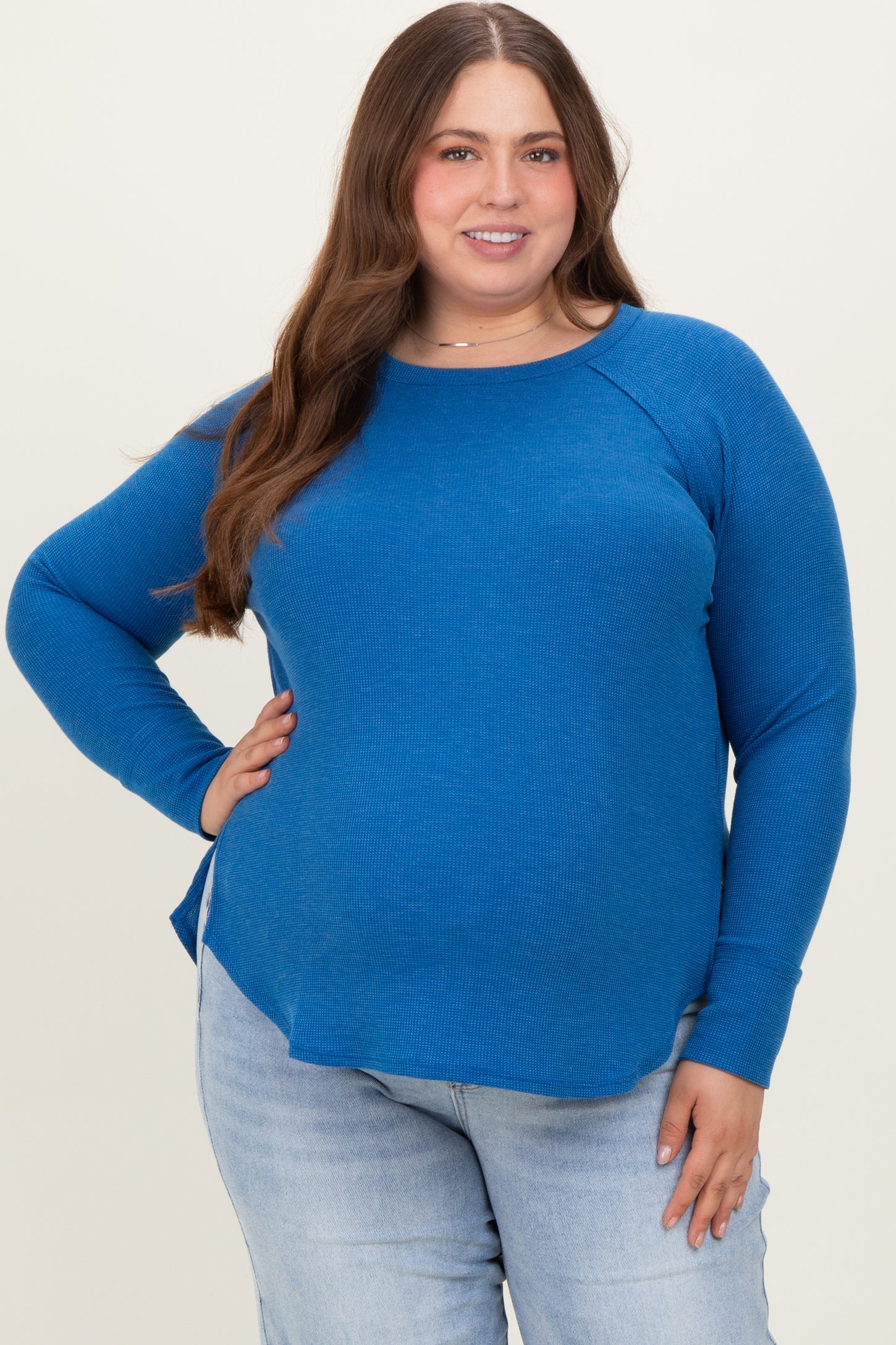 Blue Baby Waffle Knit Long Sleeve Maternity Plus Top