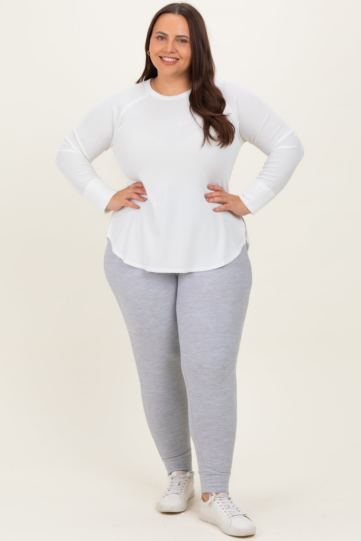 White Baby Waffle Knit Long Sleeve Plus Top