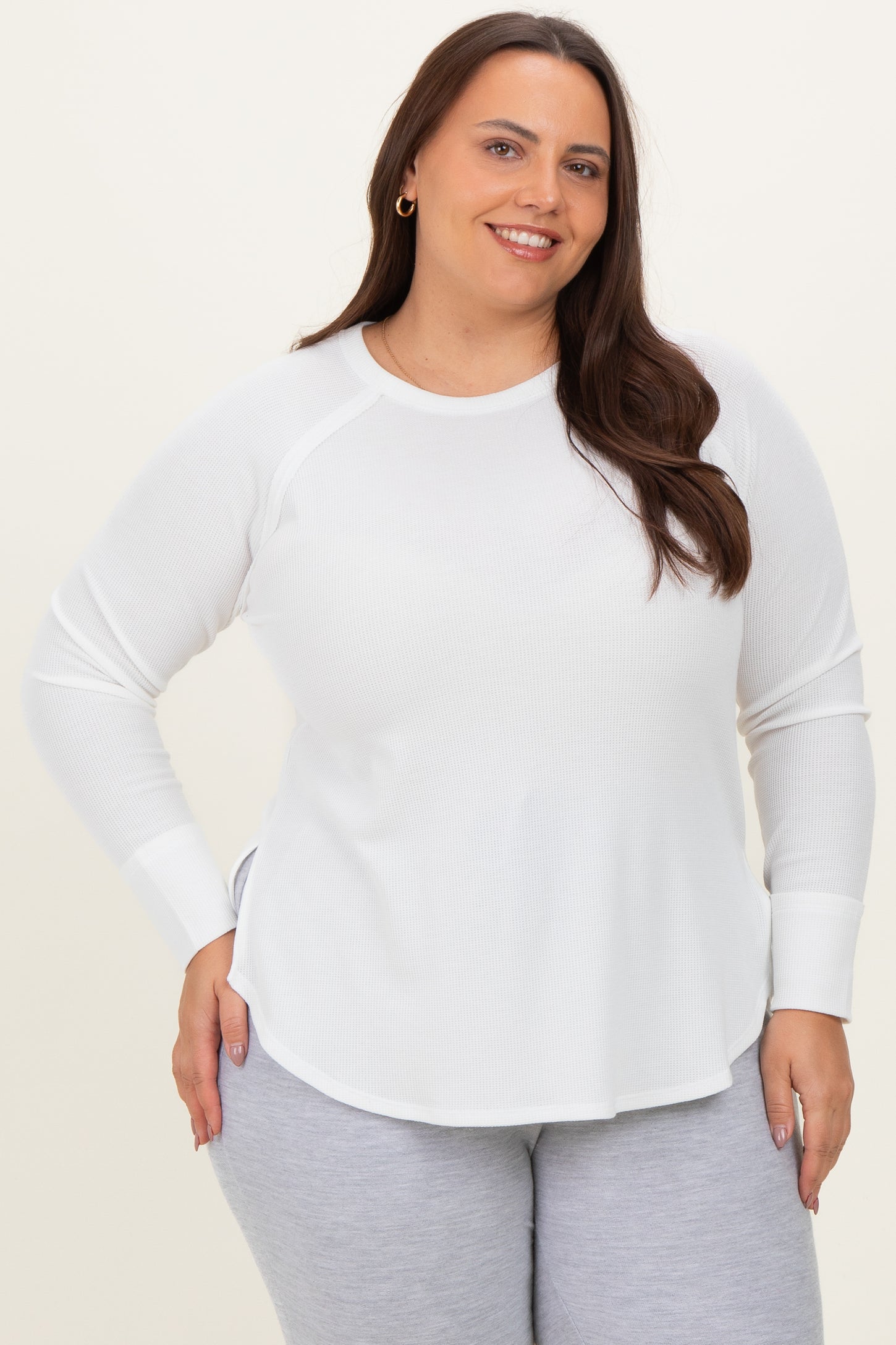 White Baby Waffle Knit Long Sleeve Plus Top