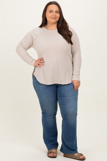 Cream Baby Waffle Knit Long Sleeve Plus Top