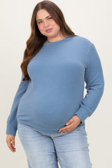 Blue Textured Ribbed Long Sleeve Maternity Plus Top