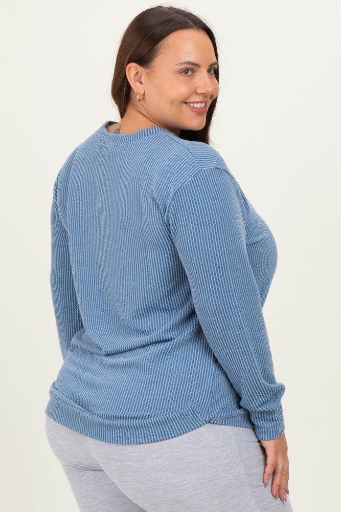Blue Textured Ribbed Long Sleeve Plus Top