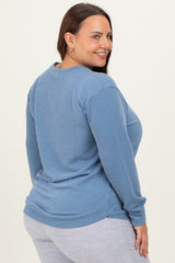 Blue Textured Ribbed Long Sleeve Plus Top