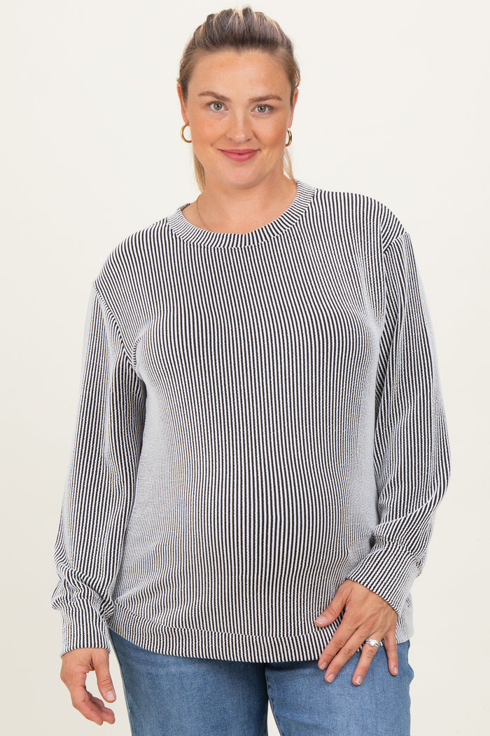White Stripe Textured Ribbed Long Sleeve Maternity Plus Top