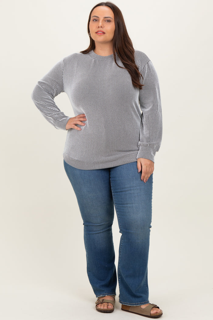 White Stripe Textured Ribbed Long Sleeve Maternity Plus Top