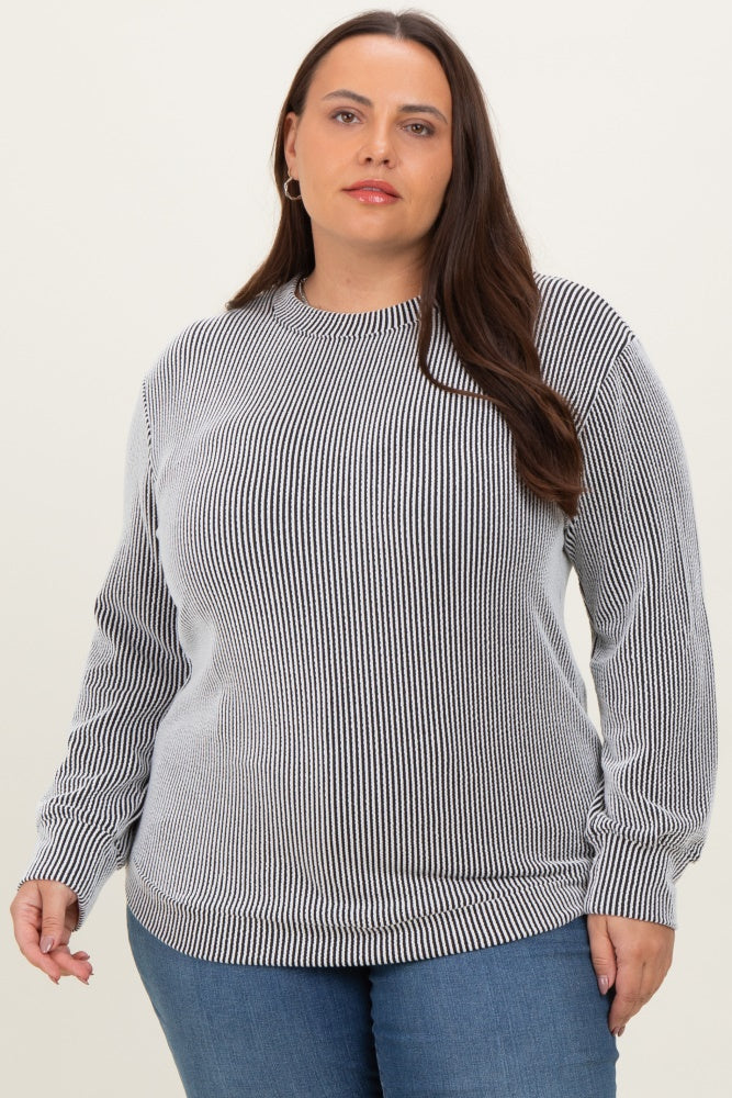 White Stripe Textured Ribbed Long Sleeve Plus Top