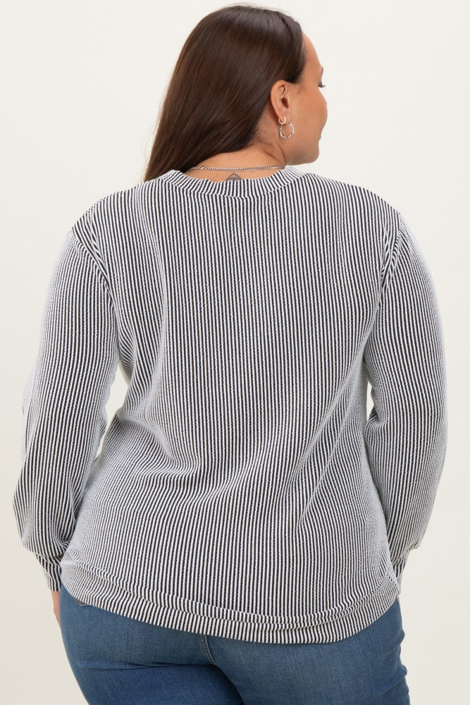 White Stripe Textured Ribbed Long Sleeve Plus Top
